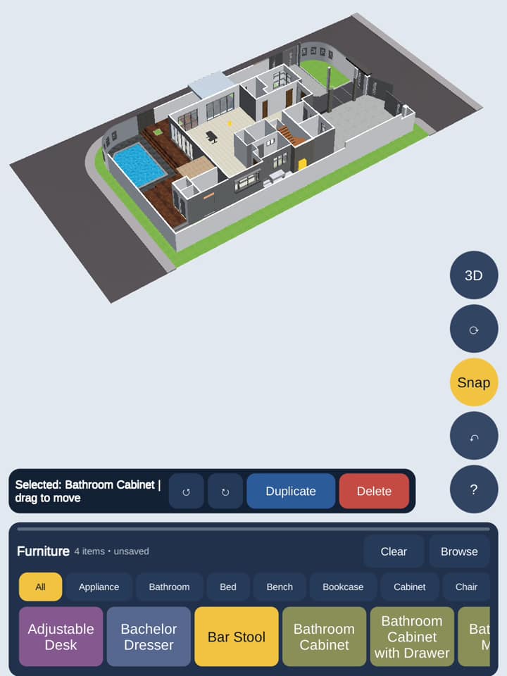 Arranging furniture on a floor in the Philview furniture editor